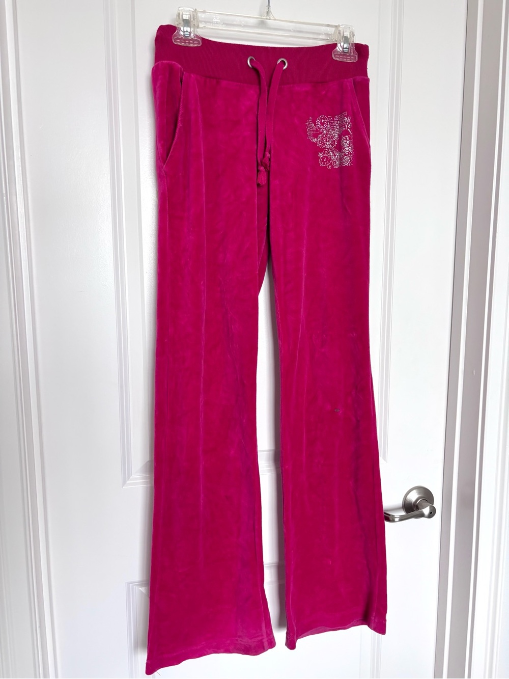 Vintage Y2K One Love Hot Pink Velour Rhinestone Hoodie Flare Pants Set Small XS - Picture 9 of 16